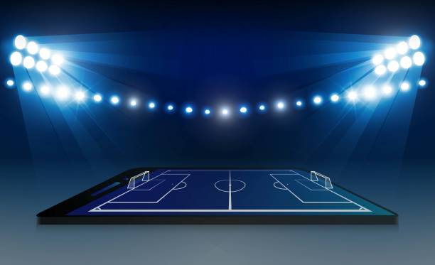 istock Phone on Football arena field with bright stadium lights vector design and information scoreboard. Vector illumination 1032445228