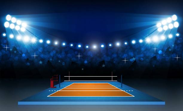 istock Volleyball court arena field with bright stadium lights design. Vector illumination 1032447866