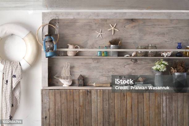 Vintage Wooden Shelf Wall In Marine Style Stock Photo - Download Image Now - Beach, Home Decor, Kitchen