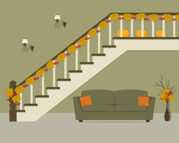 ilustrações de stock, clip art, desenhos animados e ícones de green sofa with orange pillows, located under the stairs, decorated with maple leaves - cair no sofá
