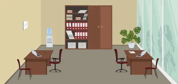 Vector illustration of Beige office room with a large window