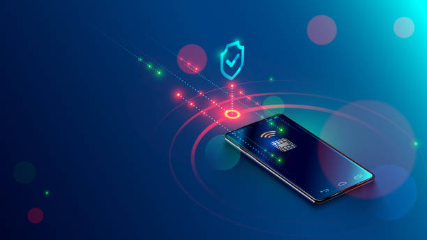 istock Mobile payment concept isometric banner. Security and protection contactless payment or via mobile phone with nfc chip. Shopping through smartphone with near field communication card 1032463854