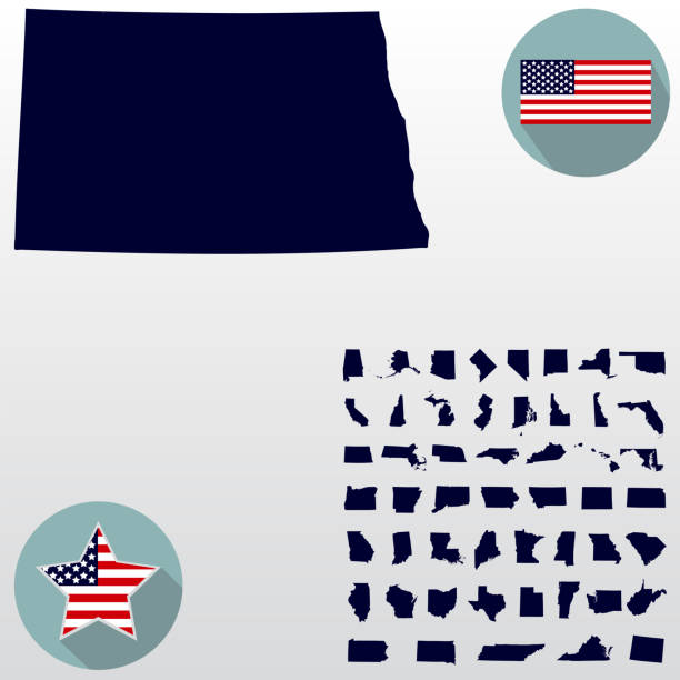 ilustrações de stock, clip art, desenhos animados e ícones de map of the u.s. state of north dakota on a white background. american flag, star - north dakota