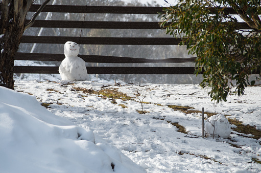 Smiling snowman next to a resort barrier in an Australian ski resort