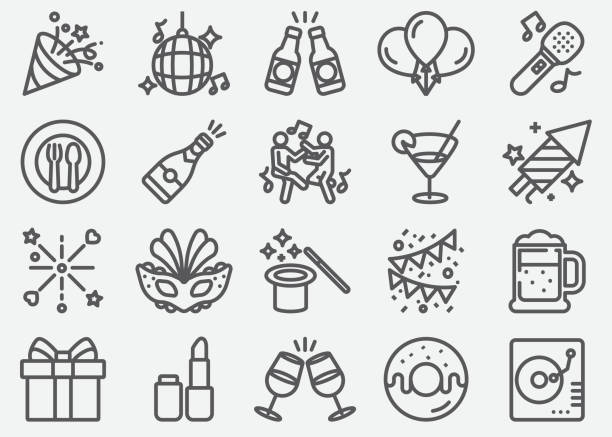 illustrations, cliparts, dessins animés et icônes de ligne d'icônes - party hat party birthday confetti