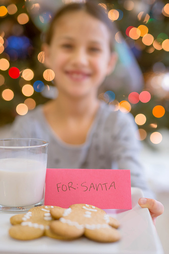 A young ethnic girl holds out a tray of cookies and milk to set out for Santa. She has a big smile. The Christmas tree is twinkling in the background. The shot is focused on the the card that says 