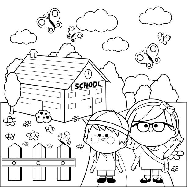 ilustraciones, imágenes clip art, dibujos animados e iconos de stock de niños en la escuela. blanco y negro para colorear página del libro - little boys preschooler back to school backpack