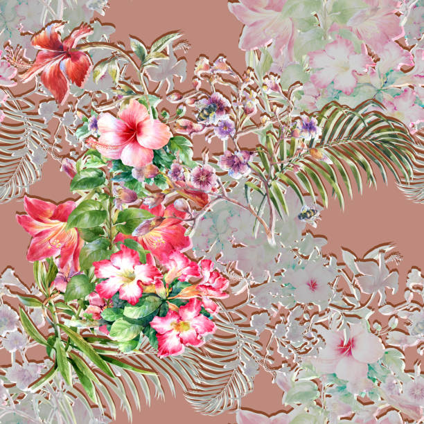 istock Watercolor painting of leaf and flowers, seamless pattern 1032483610