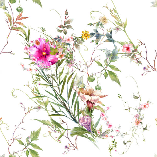 istock Watercolor painting of leaf and flowers, seamless pattern on white background 1032483622