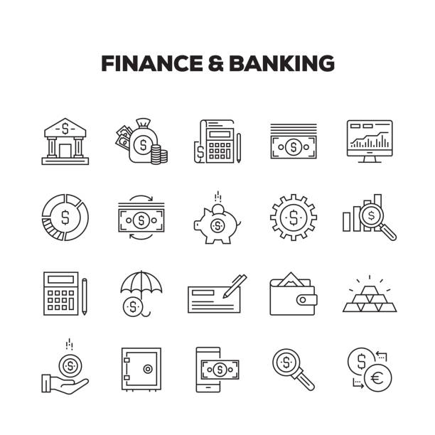 illustrazioni stock, clip art, cartoni animati e icone di tendenza di set icone linea finanza e banche - calculator currency organization leadership