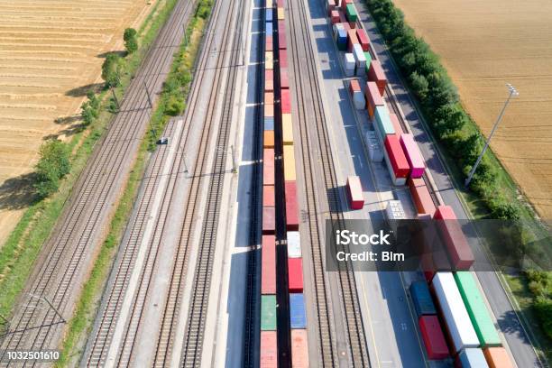 Cargo Containers And Freight Trains Aerial View Stock Photo - Download Image Now - Rail Transportation, Freight Transportation, Train - Vehicle