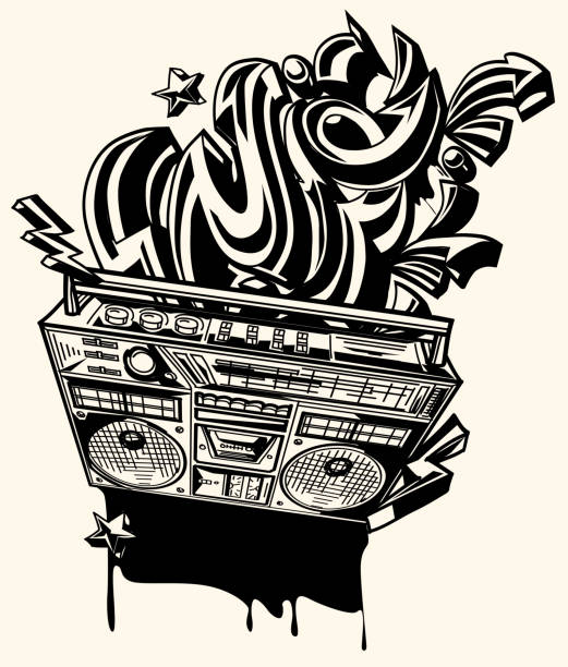 Monochrome boom box and graffiti arrows decorative vector artwork block party stock illustrations