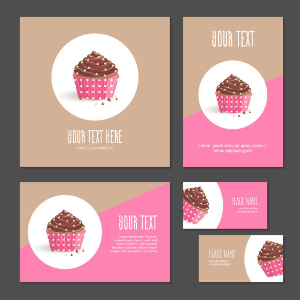 satz von corporate branding kuchen in verpackung - cupcake chocolate pink polka dot stock-grafiken, -clipart, -cartoons und -symbole