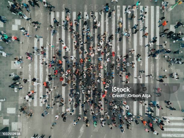 Aerial View Of A Crossing In Mexico City Stock Photo - Download Image Now - People, Crowd of People, Aerial View