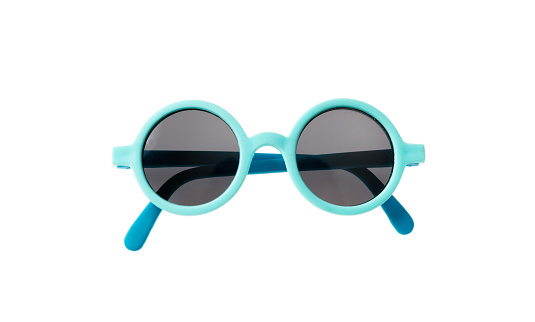 Kids sunglasses. Light blue frame sunglasses isolated on white background, top view