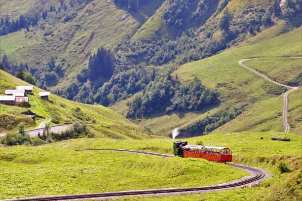 aufstieg auf das brienzer rothorn im kanton bern, schweiz über die 125 jahre alte dampf zahnradbahn - die älteste und steilsten der welt. - brienz mountain landscape lake stock-fotos und bilder