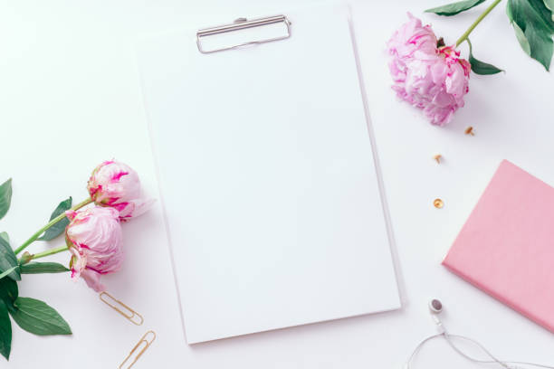 istock Feminine workspace with empty paper and pink peons on white background with copy space 1032528058