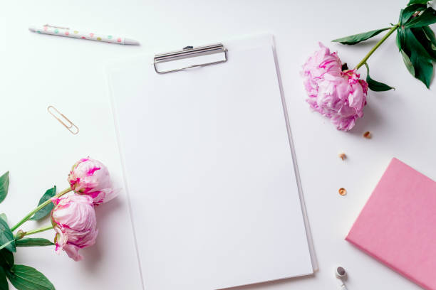 istock Feminine workspace with empty paper and pink peons on white background with copy space 1032528076