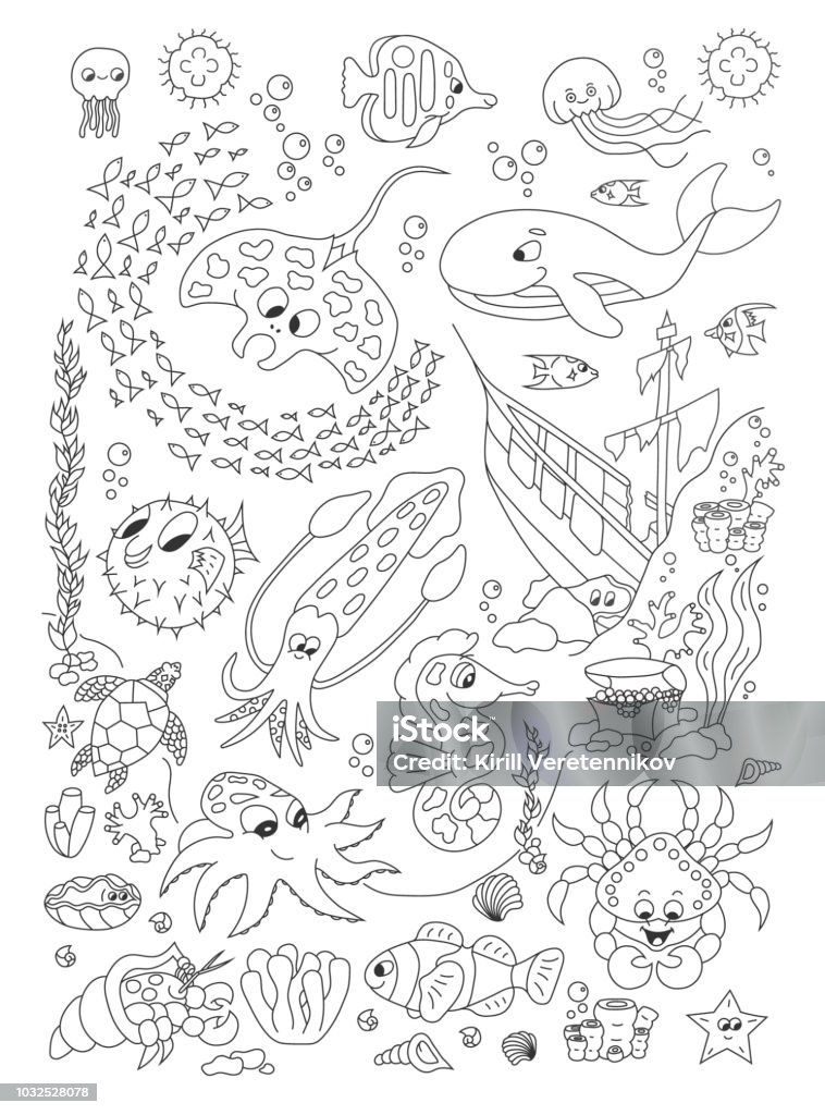 Coloring hand drawn page with cute sea animals vector Coloring stock vector