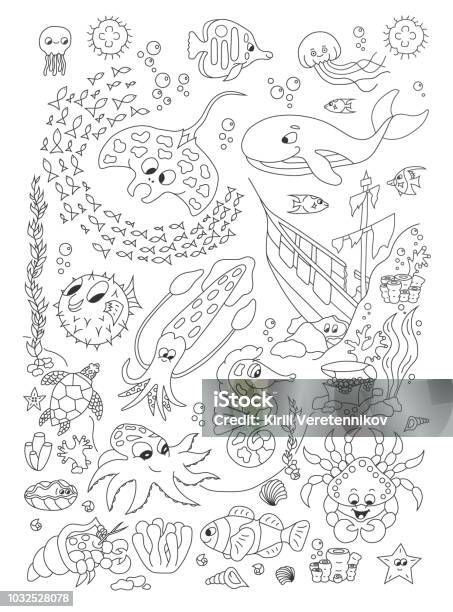 Coloring Hand Drawn Page With Cute Sea Animals Vector Stock Illustration - Download Image Now
