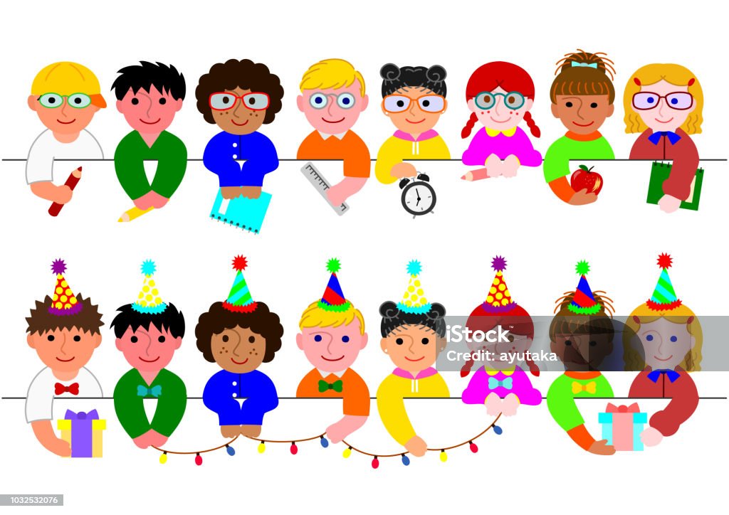 simpatici ragazzi e ragazze bordo insieme con oggetti scolastici e con cappelli da festa e cravatte - arte vettoriale royalty-free di Attrezzatura per illuminazione simpatici ragazzi e ragazze bordo insieme con oggetti scolastici e con cappelli da festa e cravatte - arte vettoriale royalty-free di Attrezzatura per illuminazione