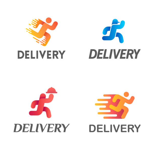 vektor-emblem-design für den lieferservice - pizza delivering running men stock-grafiken, -clipart, -cartoons und -symbole
