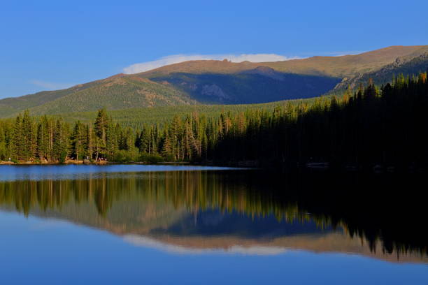 bear lake i refleksji z górami, rocky mountain national park w kolorado, usa. - flattop mountain zdjęcia i obrazy z banku zdjęć