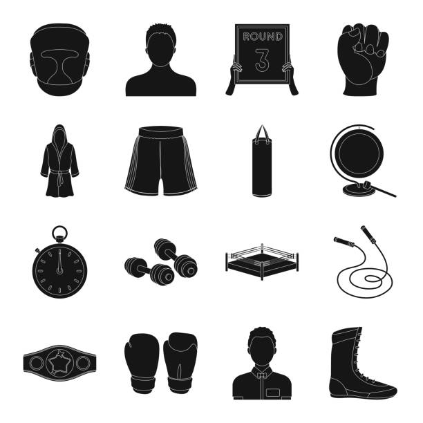 ikon hitam olahraga ekstrem tinju dalam koleksi set untuk desain. petinju dan atribut vektor simbol stock web ilustrasi. - jubah-tinju ilustrasi stok