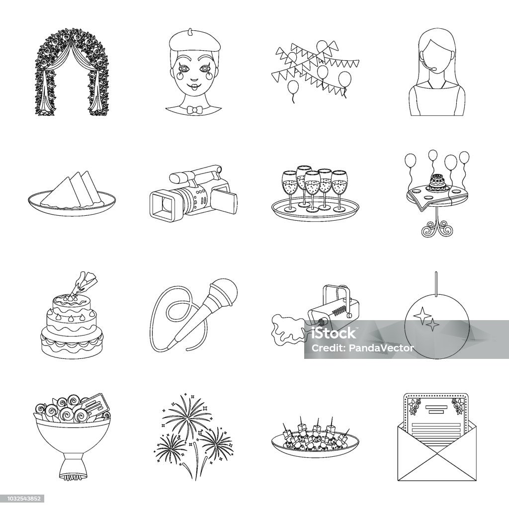 Event Organisation outline icons in set collection for design.Celebration and Attributes vector symbol stock web illustration. Event Organisation outline icons in set collection for design.Celebration and Attributes vector symbol stock  illustration. Canape stock vector