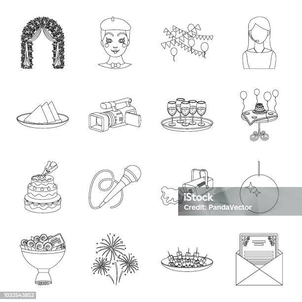 Event Organisation Outline Icons In Set Collection For Designcelebration And Attributes Vector Symbol Stock Web Illustration Stock Illustration - Download Image Now