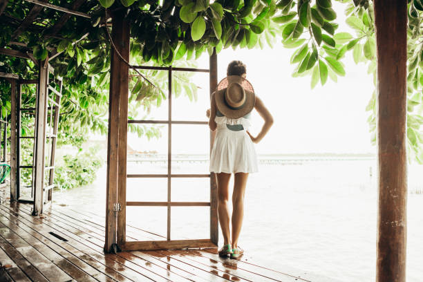 Woman walking in the rainforest