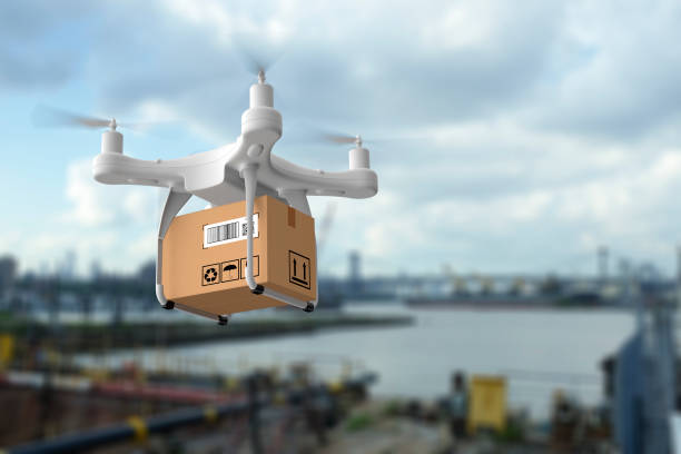 Delivery drone flying in New york city stock photo