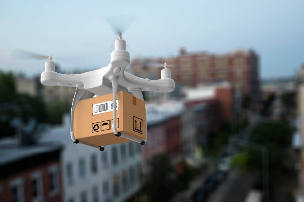istock Delivery drone flying in New york city 1032548782