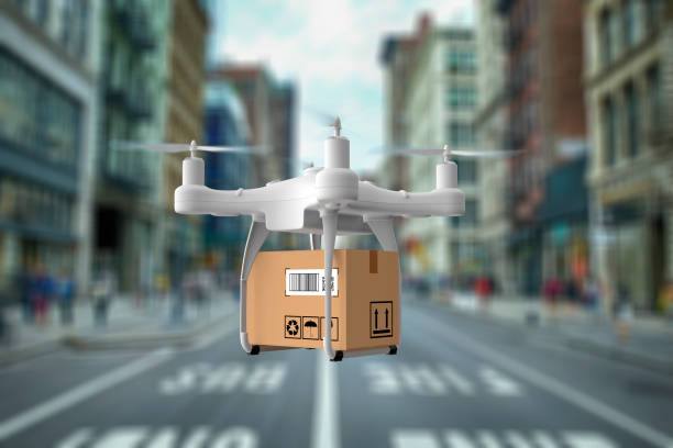 istock Delivery drone flying in New york city 1032549188