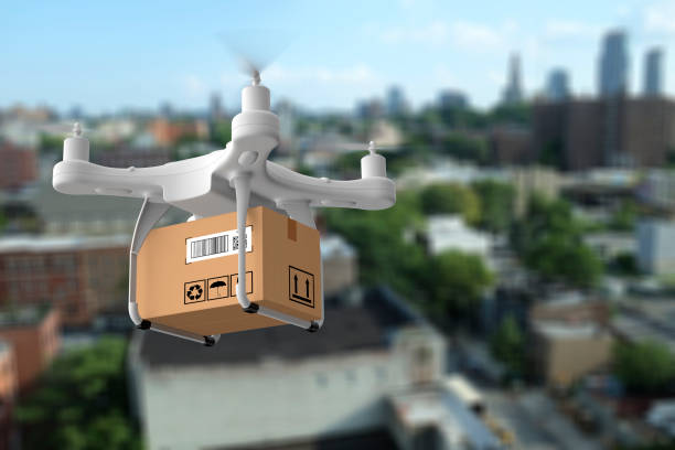 istock Delivery drone flying in New york city 1032549278