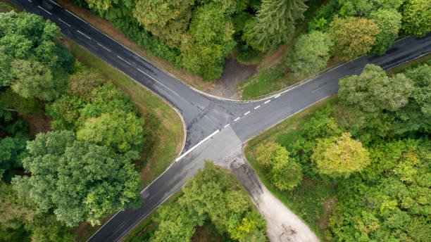 istock Road intersection in the forest - aerial view 1032556504