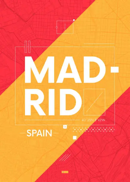 Vector illustration of Typography graphics color poster with a map of Madrid, Vector travel illustration