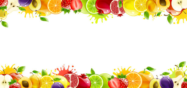 banner mit saftigen früchten - plum leaf fruit white stock-grafiken, -clipart, -cartoons und -symbole