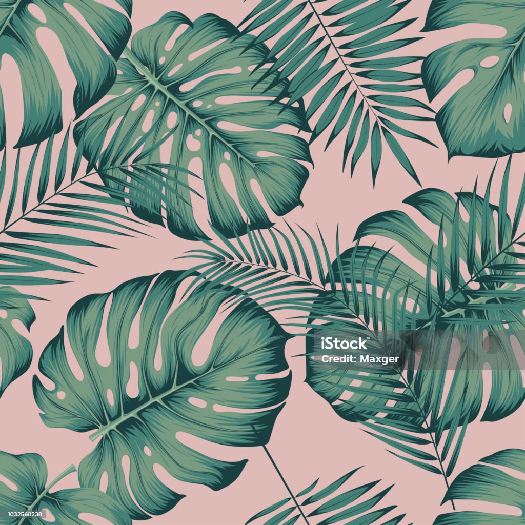 Seamless tropical pattern with leaves monstera and areca palm leaf on a pink background Tropical Pattern stock vector