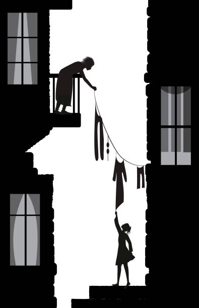 illustrazioni stock, clip art, cartoni animati e icone di tendenza di vista sulla vita del cortile della città, le donne vicini parlano, loundry mattutina, danno quel vestito, ricordi in bianco e nero - cleaning silhouette people residential district