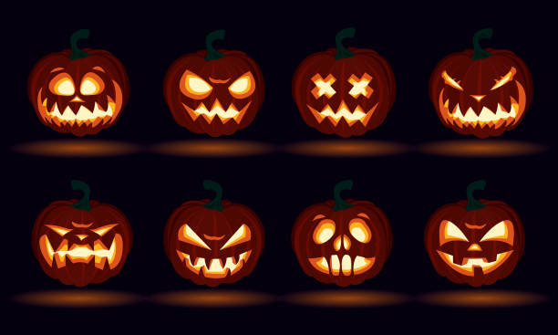halloween kürbis gesicht emotionen geschnitzt set jack o laternen design festgelegte anzahl - kürbis stock-grafiken, -clipart, -cartoons und -symbole