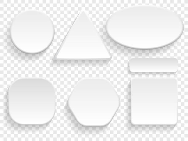 Buttons 3D white isolated set of round, square and triangular or rectangular shape on transparent background. Vector blank empty buttons templates for application interface or badge models vector art illustration