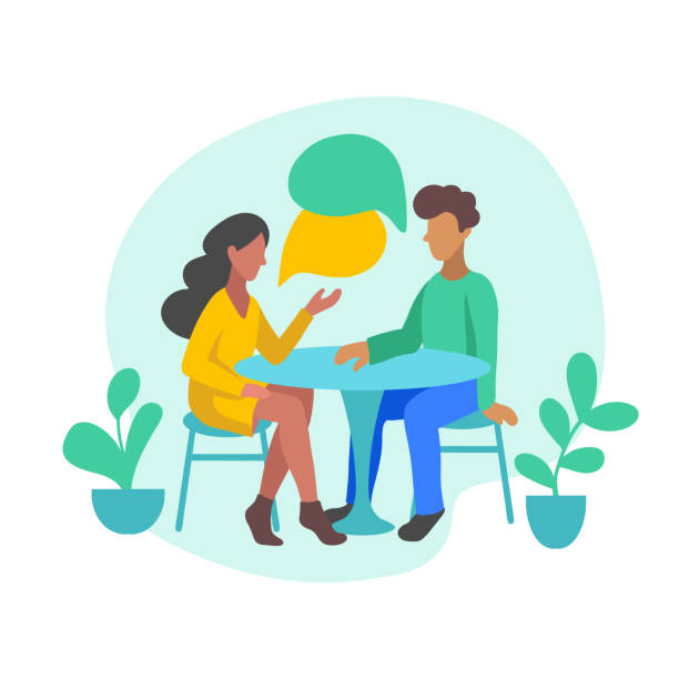 ilustrações de stock, clip art, desenhos animados e ícones de vector illustration of romantic couple chatting about news, social networks. people sitting at a table in flat style. - gossip couple love concepts