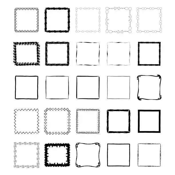 Vector illustration of Set of hand drawn ink frames. Brush texture. Isolated.