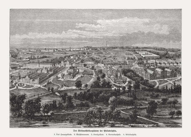 Centennial Exhibition, Philadelphia, USA in 1876, wood engraving, published 1876 Aerial view of the exhibition grounds of the Centennial International Exhibition of 1876, the first official World's Fair in the United States: 1) Main building; 2) Machine building; 3) Art gallery; 4) Horticultural hall; 5) Agricultural hall. Wood engraving, published in 1876. philadelphia aerial stock illustrations