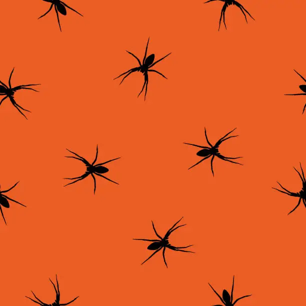 Vector illustration of Seamless pattern Spider black silhouette on orange, vector eps 10