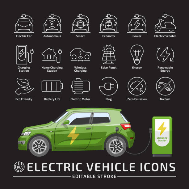 ilustraciones, imágenes clip art, dibujos animados e iconos de stock de coche de la ciudad portón eléctrico vector maqueta con cargador sobre un fondo negro con electricidad vehículo editables de movimiento conjunto de iconos de línea delgada. - car backgrounds battery service