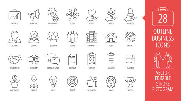 Vector business isolated editable stroke thin line icon set with marketing, customer, relationship, fist bump, communication, contract, strategy, logistics, calendar and more outline sign. vector art illustration