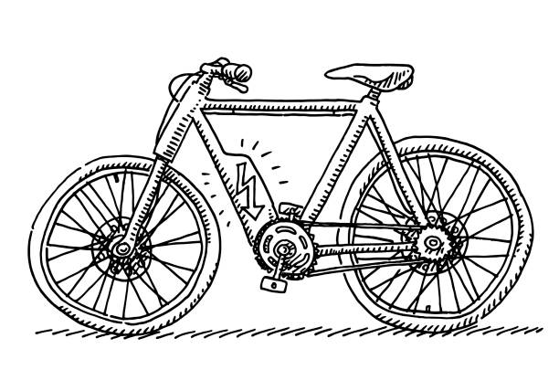 ilustrações de stock, clip art, desenhos animados e ícones de e-bike bicycle side view drawing - human powered vehicle flash