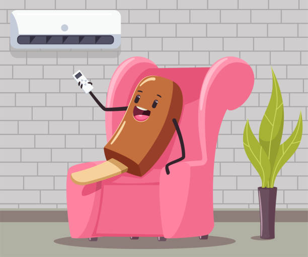 Funny Ice Cream With Remote Control Of The Air Conditioner Sits On The  Couch In The Interior Of The Room Vector Cartoon Concept Illustration Stock  Illustration - Download Image Now - iStock